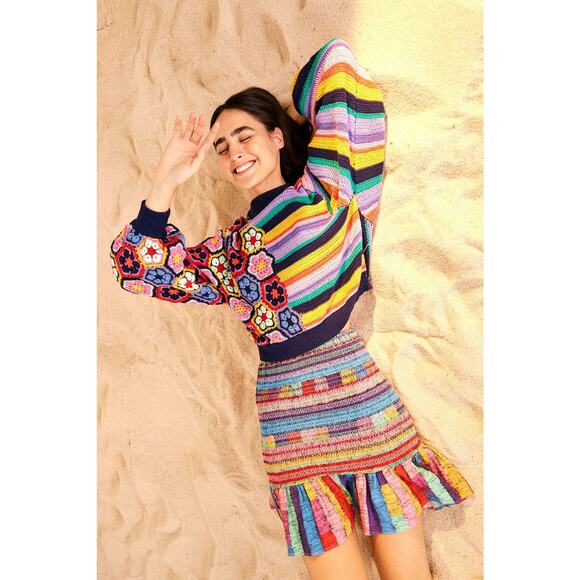 Farm Rio Embroidered Stripes Mini skirt S - Picture 1 of 9